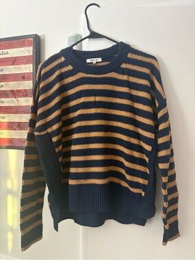 Madewell Navy and Tan Striped Crewneck Sweater